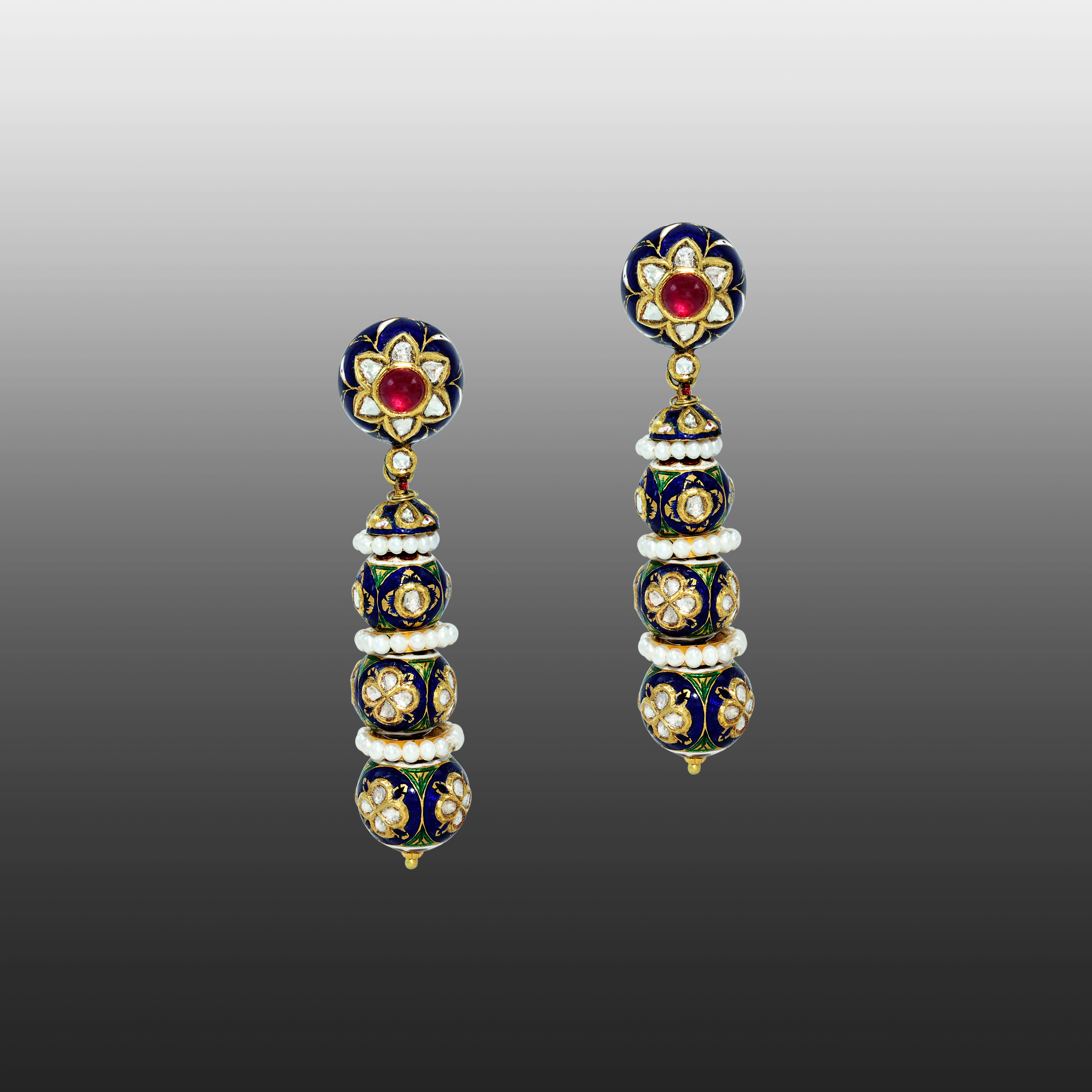 Floral Ruby Stud Earrings with Blue Meenakari and Polki Beads